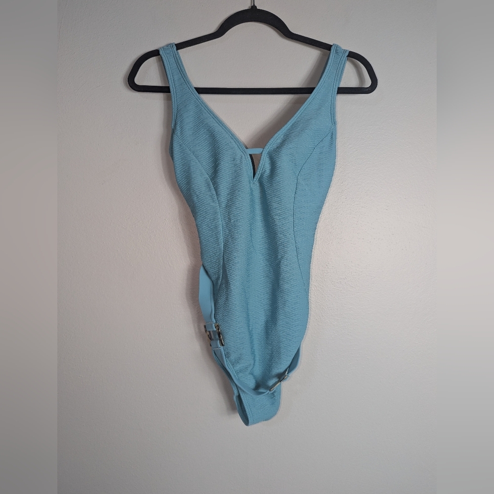 L Ambrielle Blue Textured Belted One Piece Swimsuit